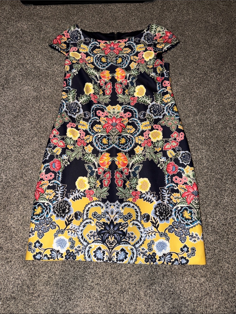 Vince Camuto Black Floral Midi Dress with Yellow and Multicolor Print